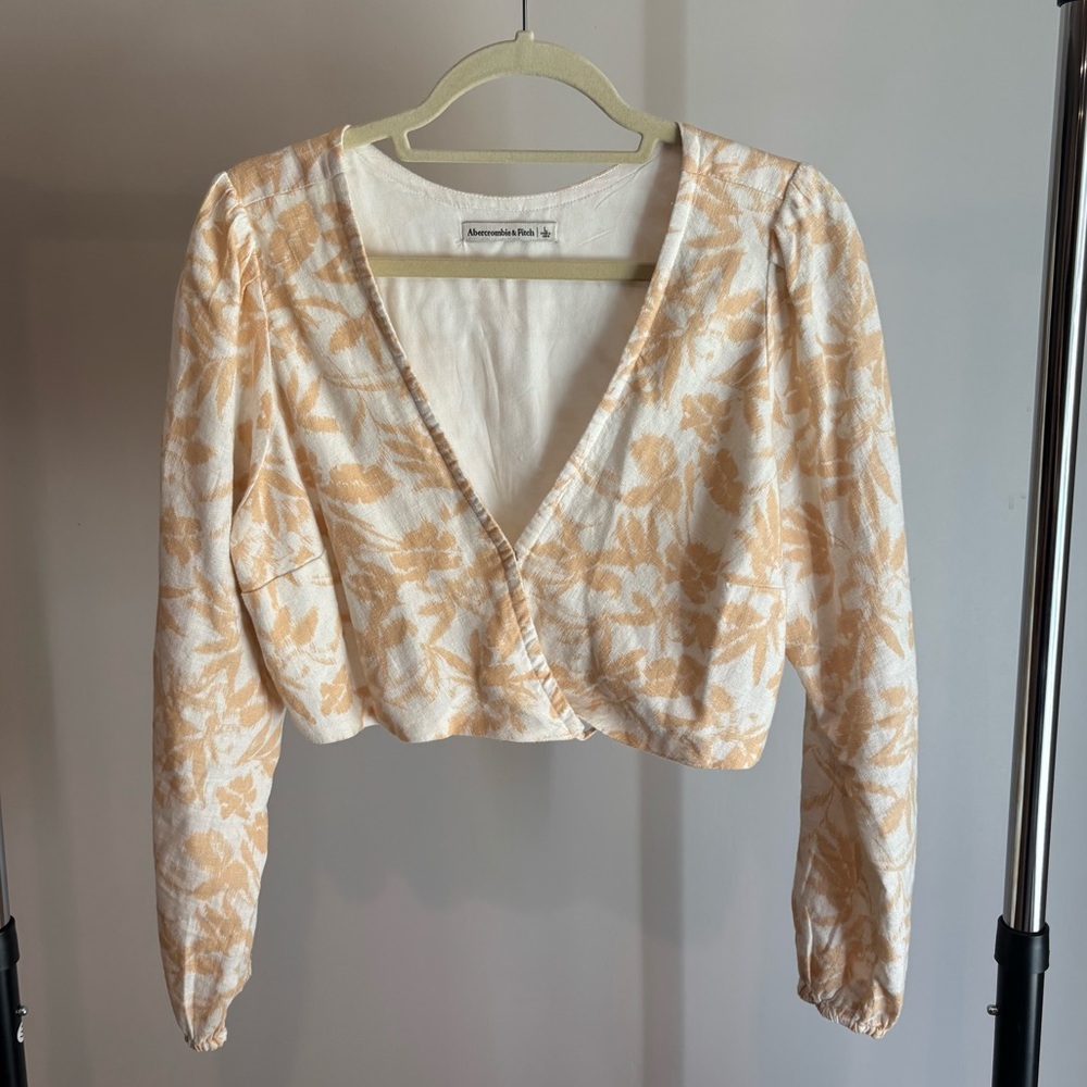 Abercrombie & Fitch Floral Wrap Crop Top Cream Tan Linen Blend L